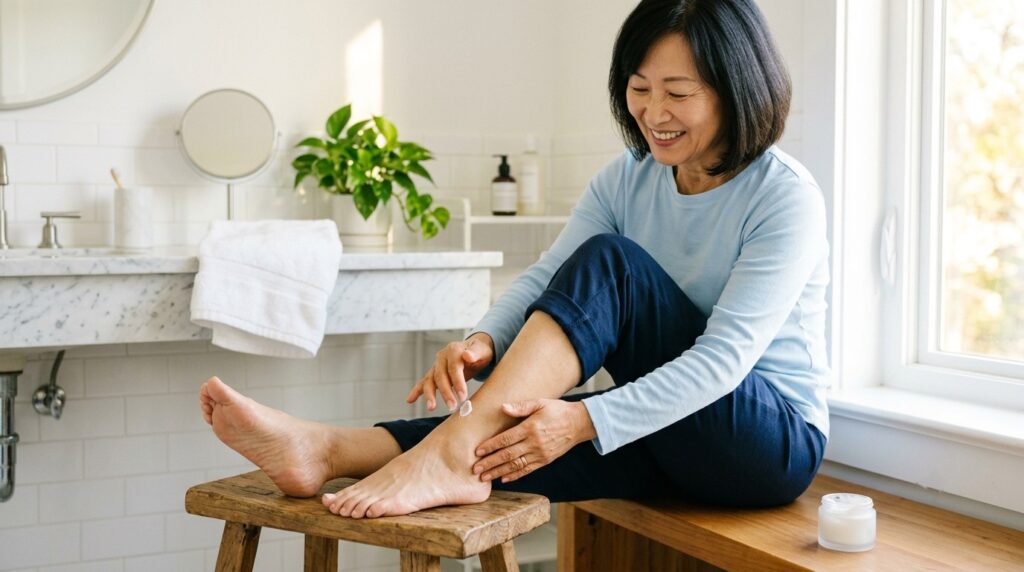 시니어 발 관리를 위해 발뒤꿈치에 보습 크림을 바르는 60대 초반 한국인 여성