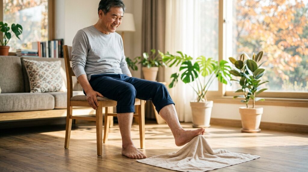 시니어 발 관리 운동으로 의자에 앉아 발가락으로 수건을 당기는 60대 초반 한국인 남성