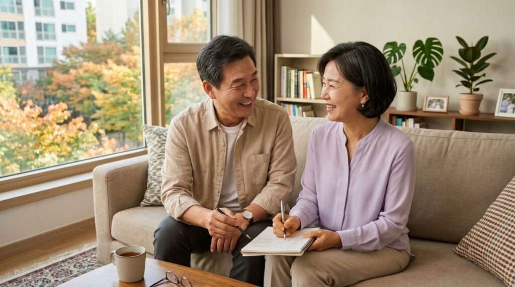 시니어 주택연금 활용 계획을 거실 소파에서 함께 적는 60대 초반 한국인 부부