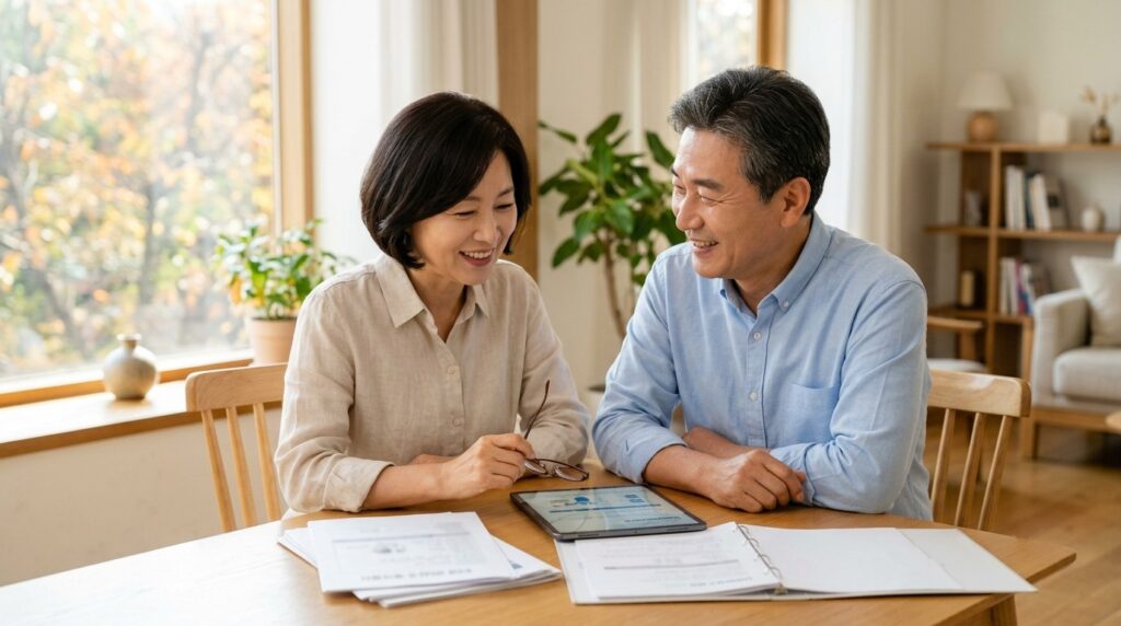 시니어 보험 보장 내용을 거실 식탁에서 함께 비교하는 50대 후반 한국인 부부