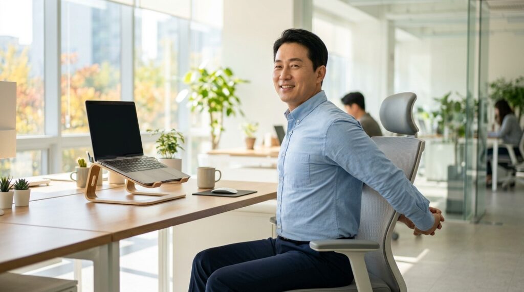 거북목 자세 교정을 위해 사무실 의자에 바르게 앉아 어깨와 가슴을 여는 스트레칭을 하는 50대 한국인 남성