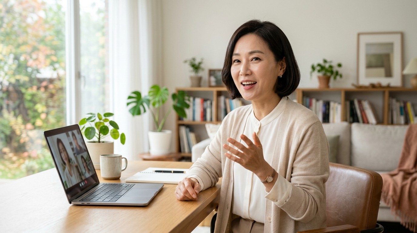 목소리 노화를 점검하기 위해 밝은 거실에서 노트북 화상회의 중 또렷하게 말하는 40대 후반 한국인 여성